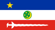 blue-white-red, yellow star, a white sword, yellow crescent and 4 stars on a green disc