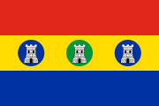 red-yellow-blue, three blue-green-blue circles, three gray towers