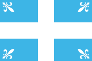 blue, white cross, four white fleurs-de-lis